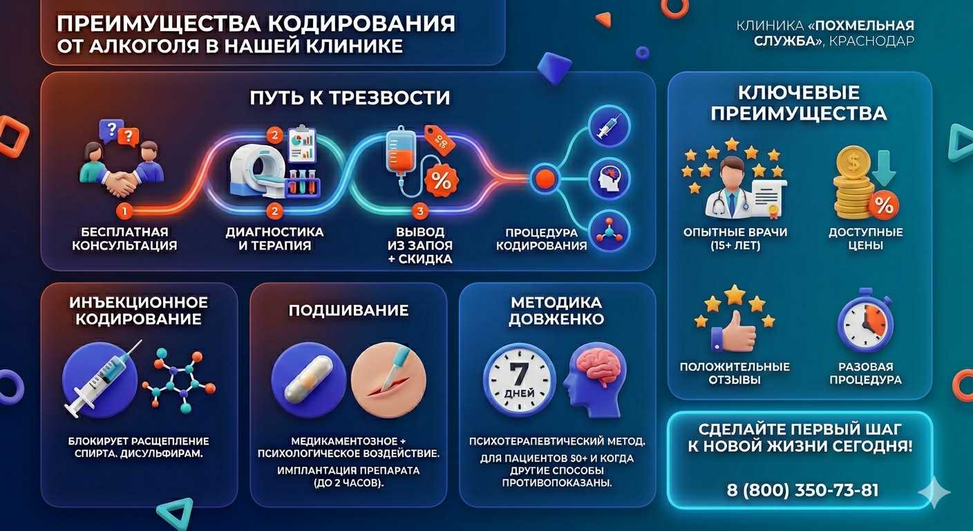 Инфографика о методах кодирования от алкоголя в Суздали: инъекции, подшивание, метод Довженко. Преимущества клиники и этапы лечения.